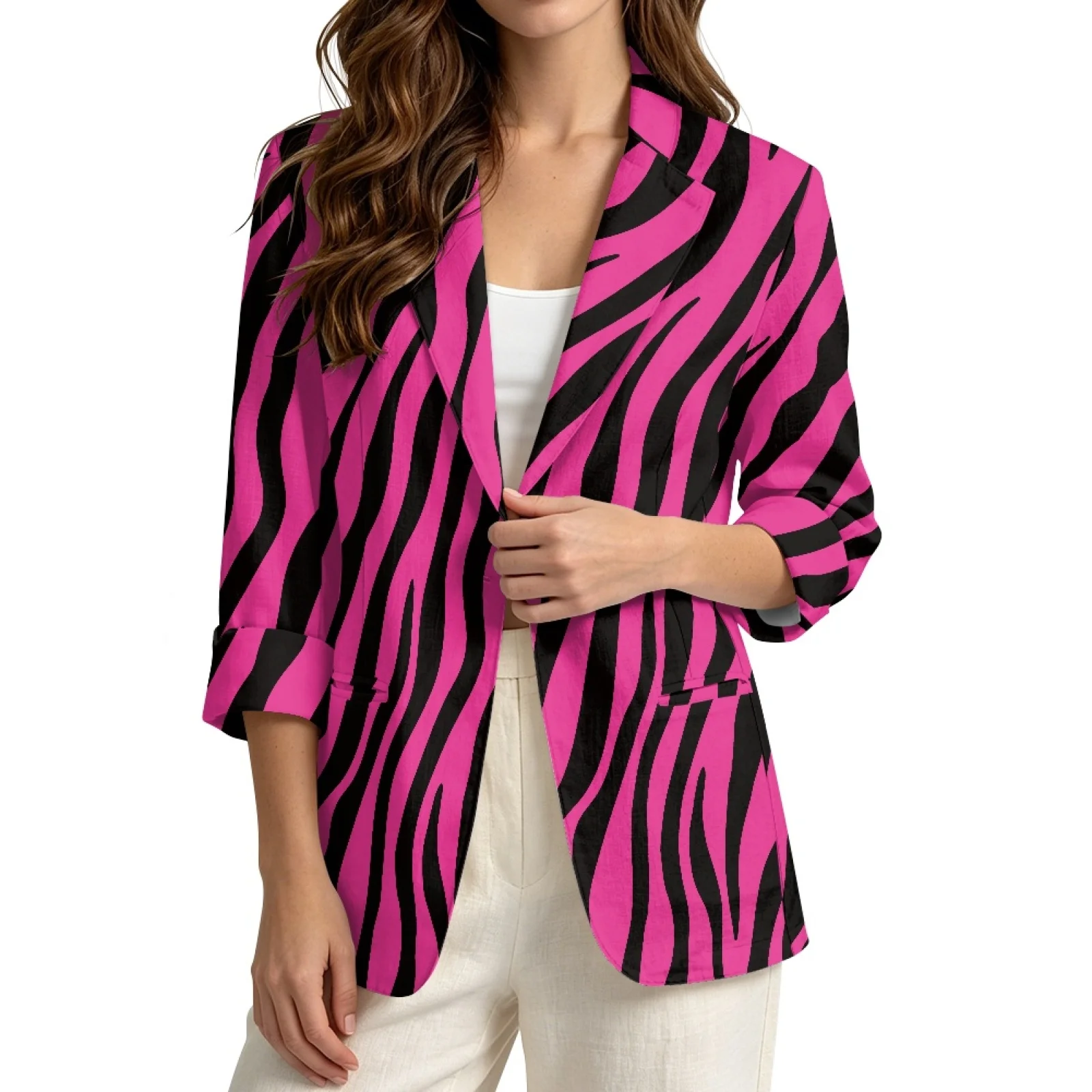 PENSTROLL Pink Zebra Stripe Linen Style Work Cardians Open Front Cardigan for Women Breathable Outerwear