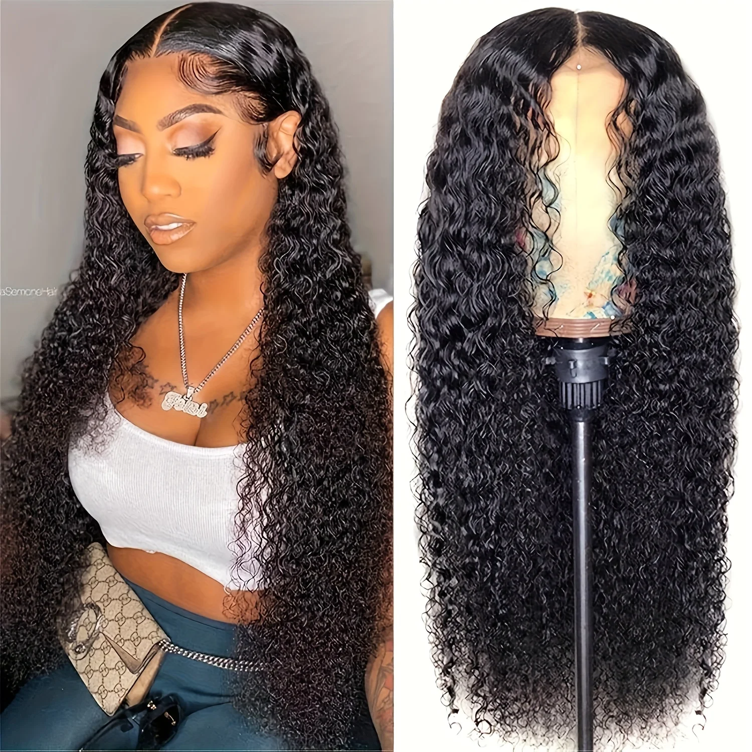 

Black Water Wave Lace Front Hair Wigs 13*4 Part Lace Wig Pre Plucked Deep Curly Synthetic Wig 150% Density for Daily Use
