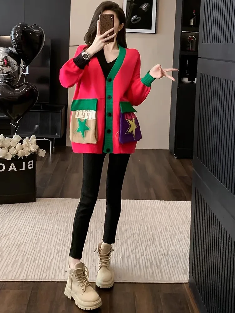 

Красный вязаный кардиган женский осенний новый стиль, универсальный свободный топ средней длины с длинными рукавами, модный для повседневной носки