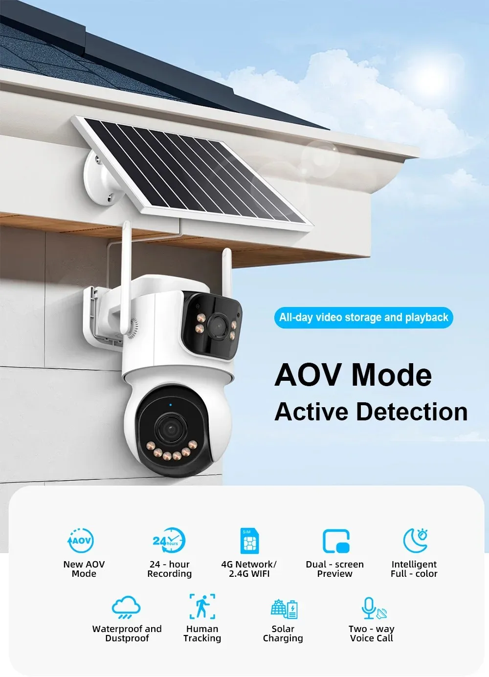 Icsee AOV WiFi 4MP 8CH 7 بوصة LCD NVR نظام كاميرا الأمن بالطاقة الشمسية واي فاي في الهواء الطلق AOV اللاسلكية المزدوجة عدسة نظام كاميرا PTZ الشمسية #5