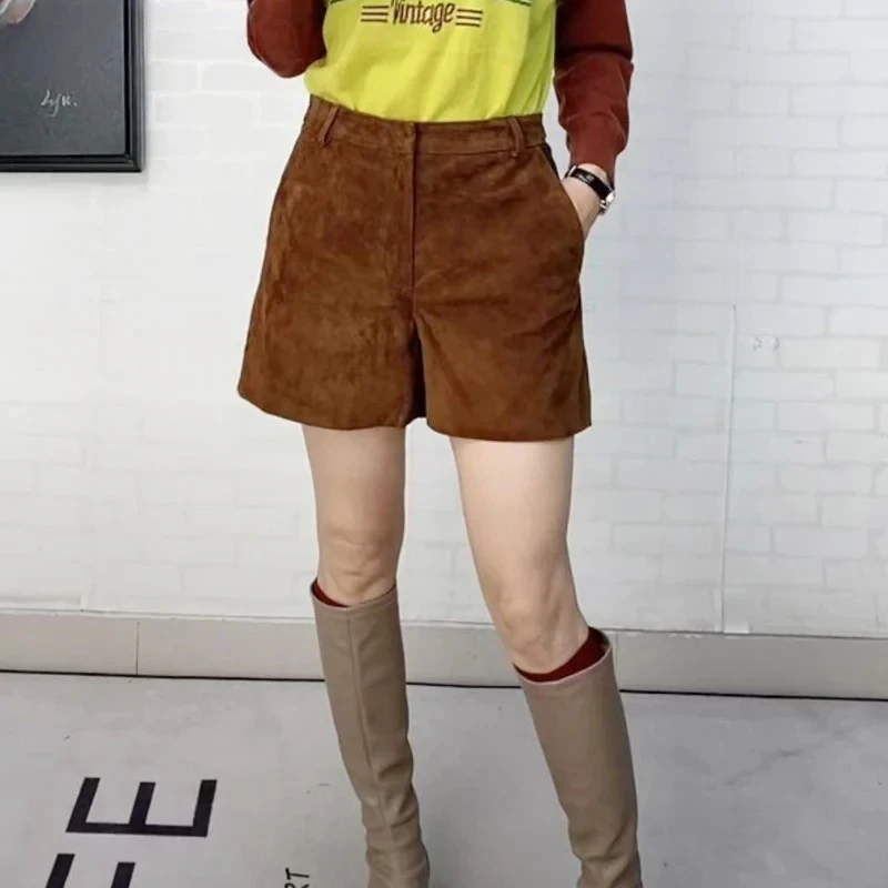 

Retro Kid Suede Leather High Waisted Shorts for Women Minimally Designed Slimming Straight Leg Short Pants