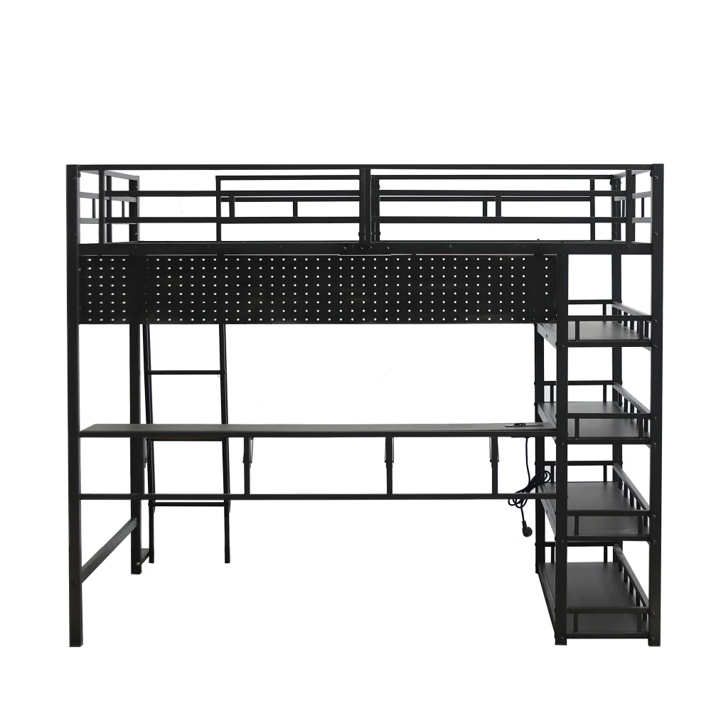PINGGO Metall-Etagenbett mit Aufbewahrungsregalen, Ladeanschluss, 4-Stufen-Leiter, Hängeregal, Eisen-Spanplatte, Schwarz, 140x200cm, ohne Matratze – Detail 18