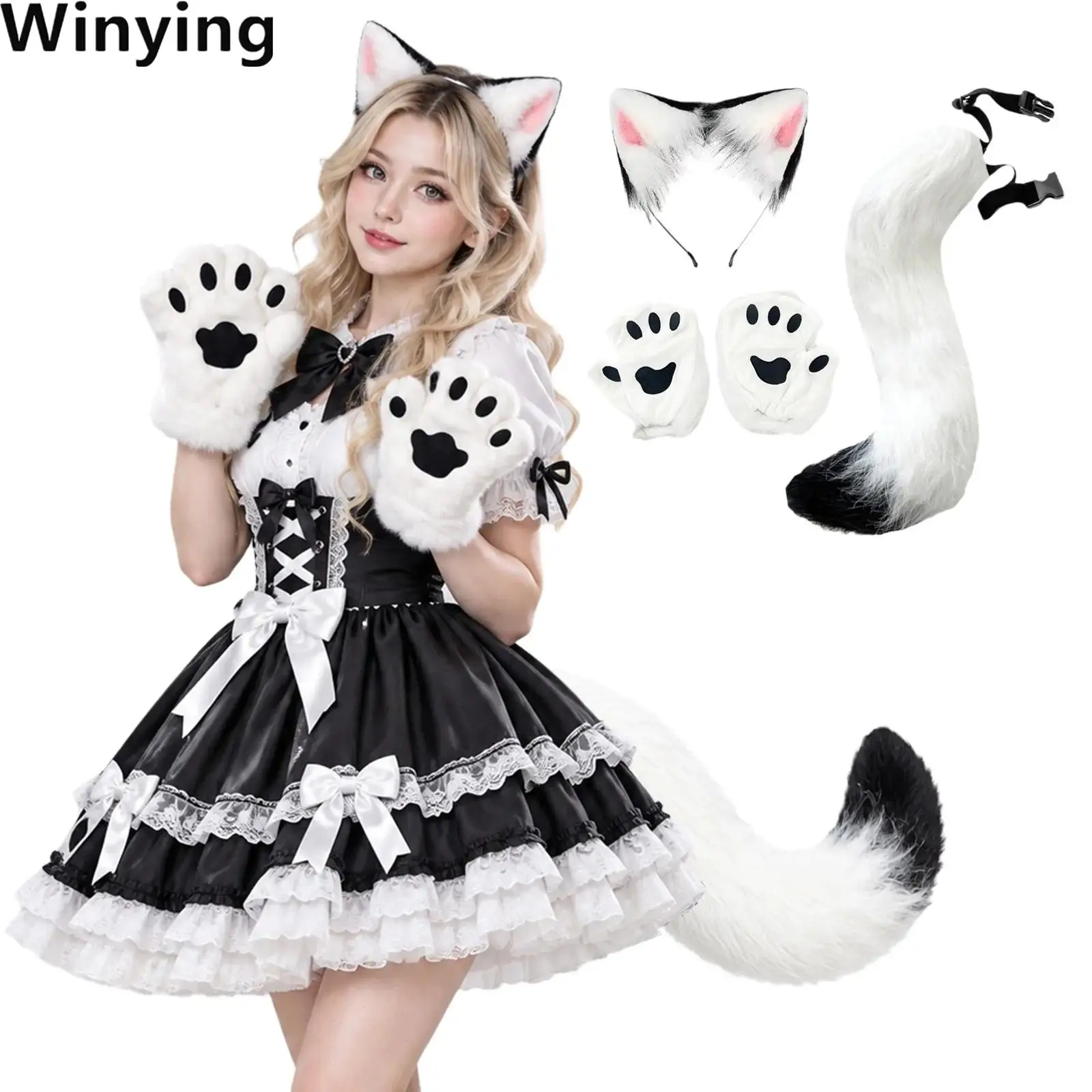 Halloween Faux Fur Cat Ears Hair Hoop with Adjustable Tail And Paw Gloves for Cosplay Accessories Set