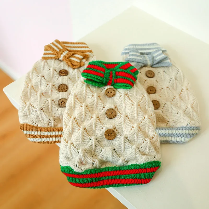 Pet Puppy Winter Warm Red Green Bowknot Hollow Dog Clothes Sweater Pullover Winter Holiday Clothes Wear for Dog Cat