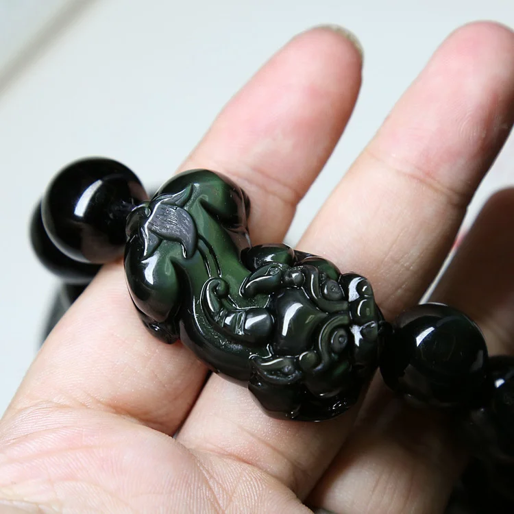 Natural Rainbow Eye Obsidian Pixiu Bracelet 16mm Natural Obsidian Pixiu Men's Buddha Beads Bracelet Buddha Beads Rosary Health