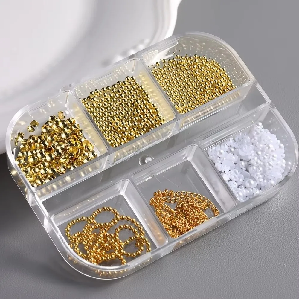 New 12 Grids Nail Art Studs Gold Metallic Bead Rivet Nail Charms Steel Beads 3D Details 3D Nail Art Manicure Accessories