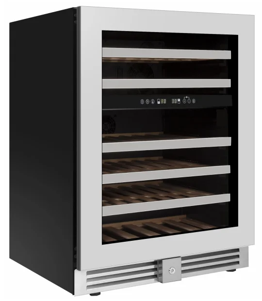 Built-in Wine Cooler, 46 Bottle Wine Fridge, Dual Zone Refrigerator, Electronic Control, Stainless Steel, Beech Wood