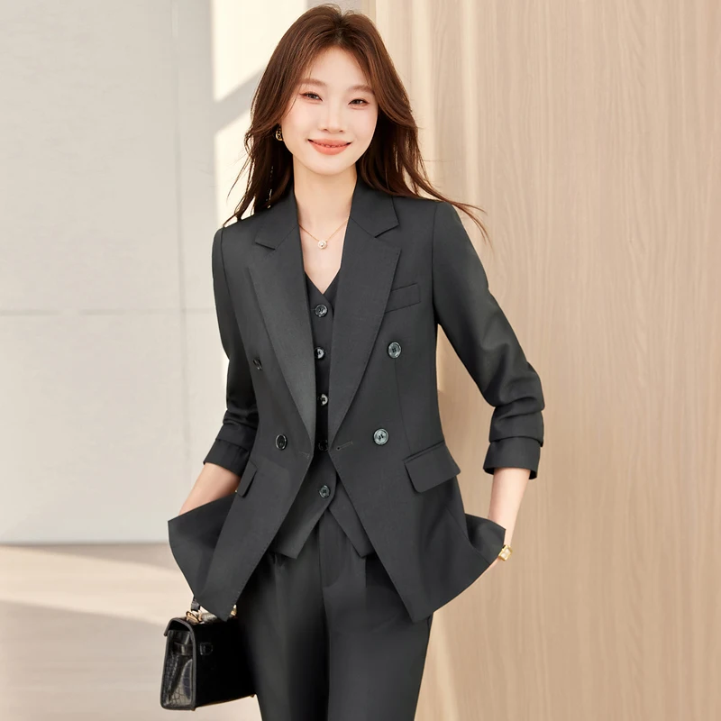 

High-End Dark Gray Women's Professional Suit Vest Set with Pants Stylish Double-Breasted Lawyer-St for Spring And Autumn 2026