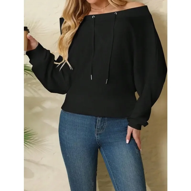 

Большие размеры 1XL5XL, женская модная толстовка на одно плечо с длинными рукавами, осенне-весенняя мода, повседневные свободные женские топы на шнурке