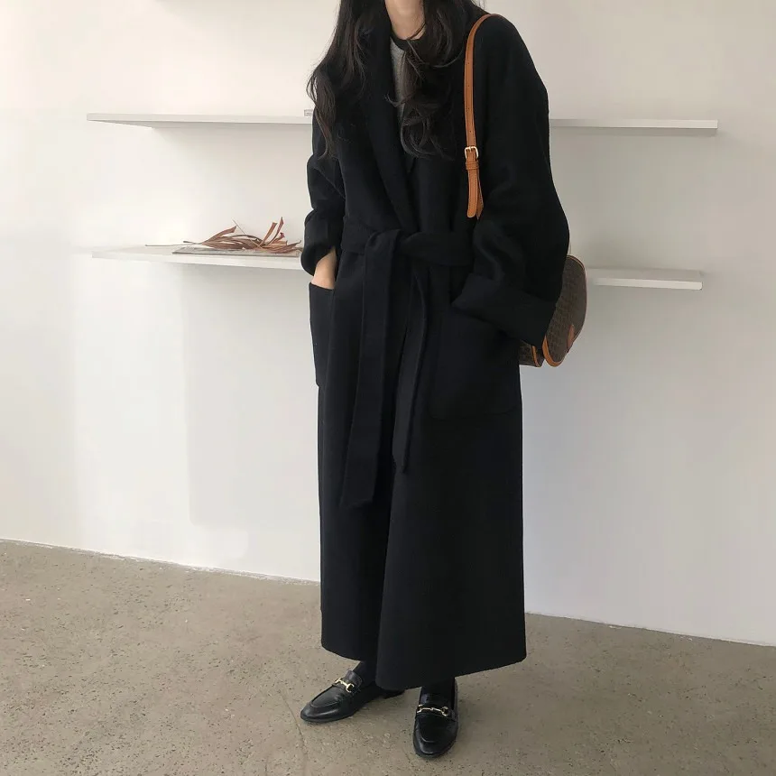 

Ele Woolen Coat Women's Chic Autumn Winter New Sle High Waist Belted Midi Length Sve Long Commute Pure Color