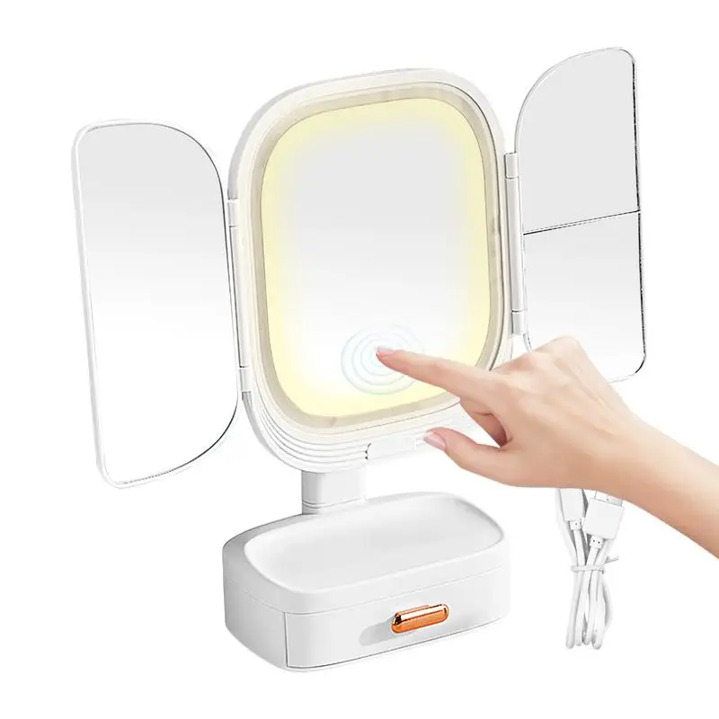 Folding Lighted Makeup Mirror Angle Adjustable LED Vanity Mirror with Drawer 3 Color Lighting Mode Touch Control Cosmetic Mirror