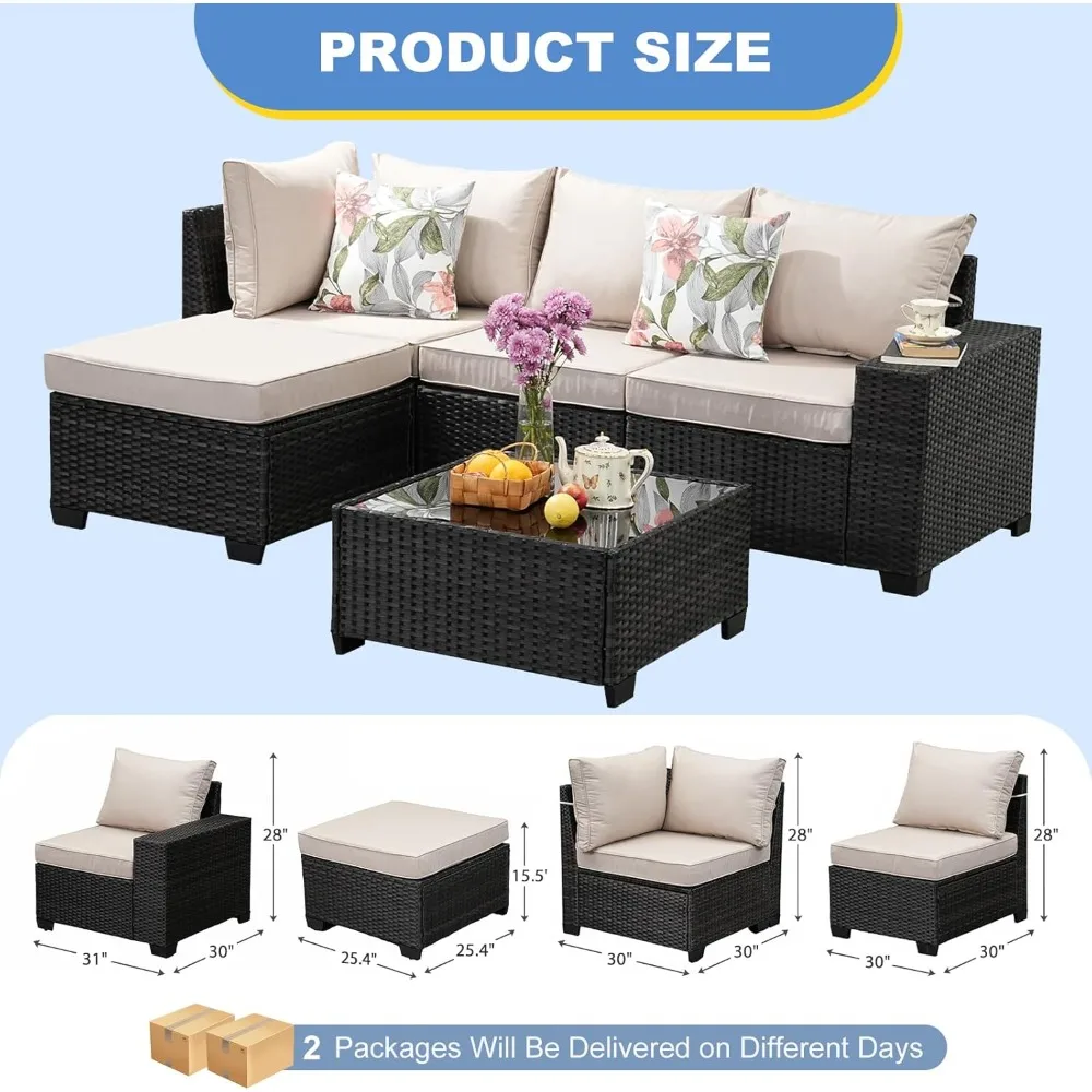 Outdoor Patio Furniture Set: 5-Piece Wicker Conversation Area with Rattan Sofa and Cushioned Seats for Garden Use