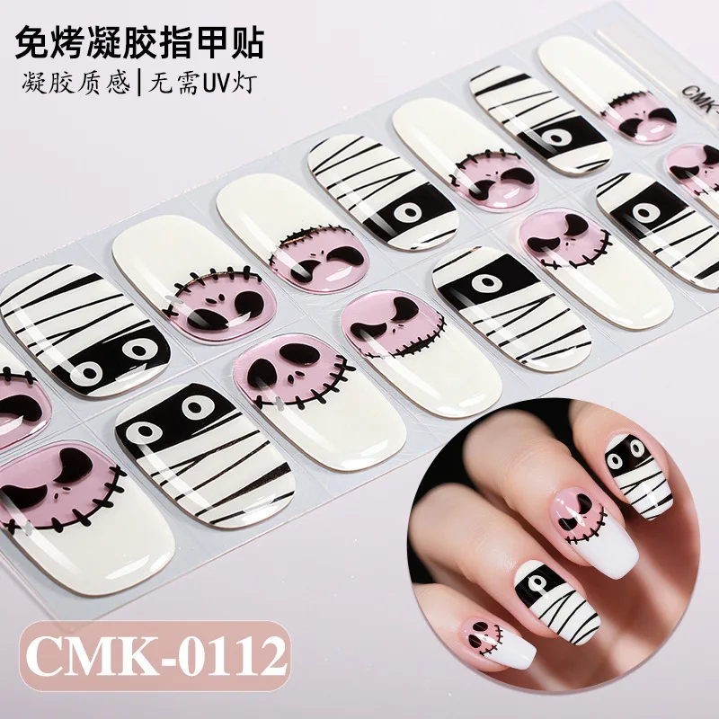 Nueva película de esmalte de uñas, pegatina para uñas, luz nocturna de Navidad y Halloween, pegatina para uñas con esqueleto de calabaza fantasma oscuro europeo y americano