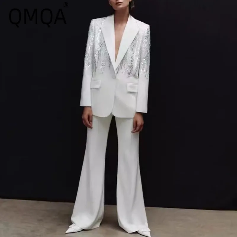 QMQA Fashion Women's Elegant 2 Pc Set Single Button Long Sleeves Sequined Blazer Coat High Waist Wide Leg Pants Sets New 1A717