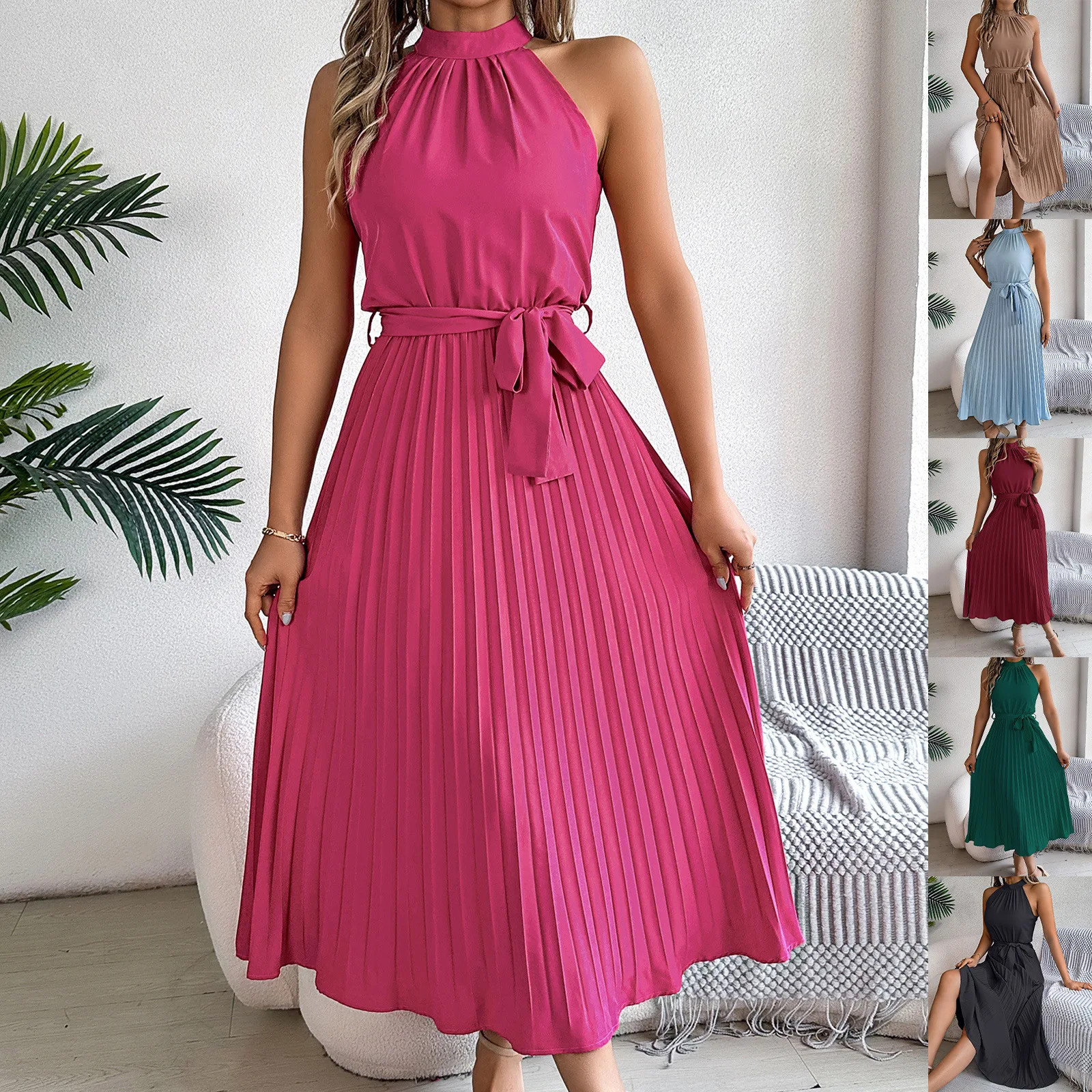 2026 Elegant Stand Collar Sleeveless Waist-cinching Pleated Maxi Dress Women Dress Elegant Fashion Beautiful Women's Dresses