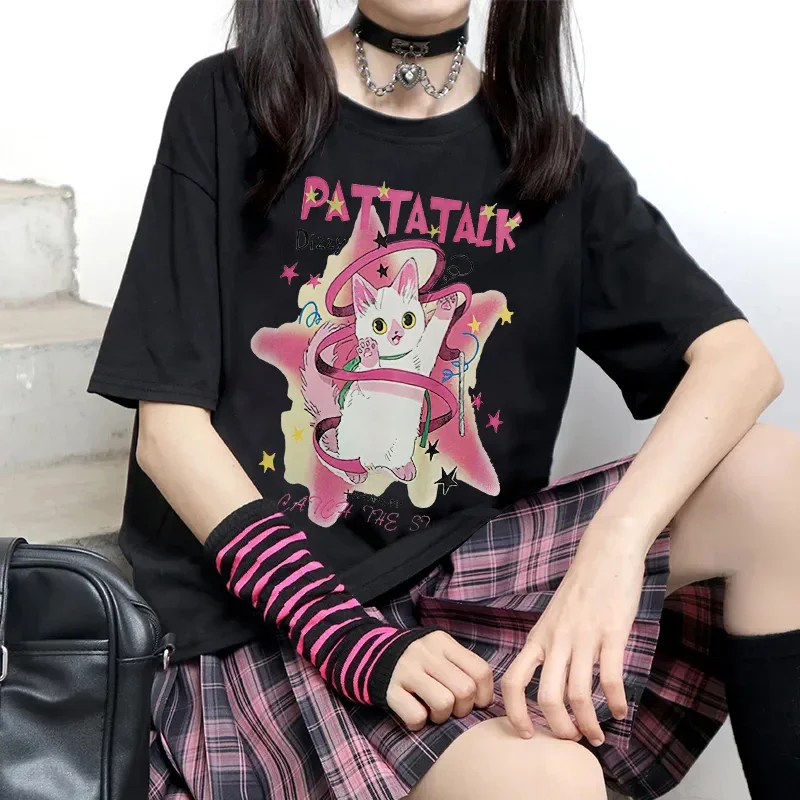 Y2k kaus Harajuku Atasan Wanita 2023 musim panas kaus lengan pendek gambar kucing merah muda longgar Wanita kaus lucu kartun Ins