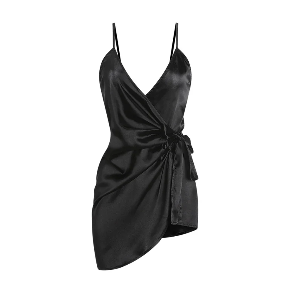 Pigiama Sexy in raso da donna con spalline a V profondo Slip Dress indumenti da notte asimmetrico in tinta unita aderente con lacci