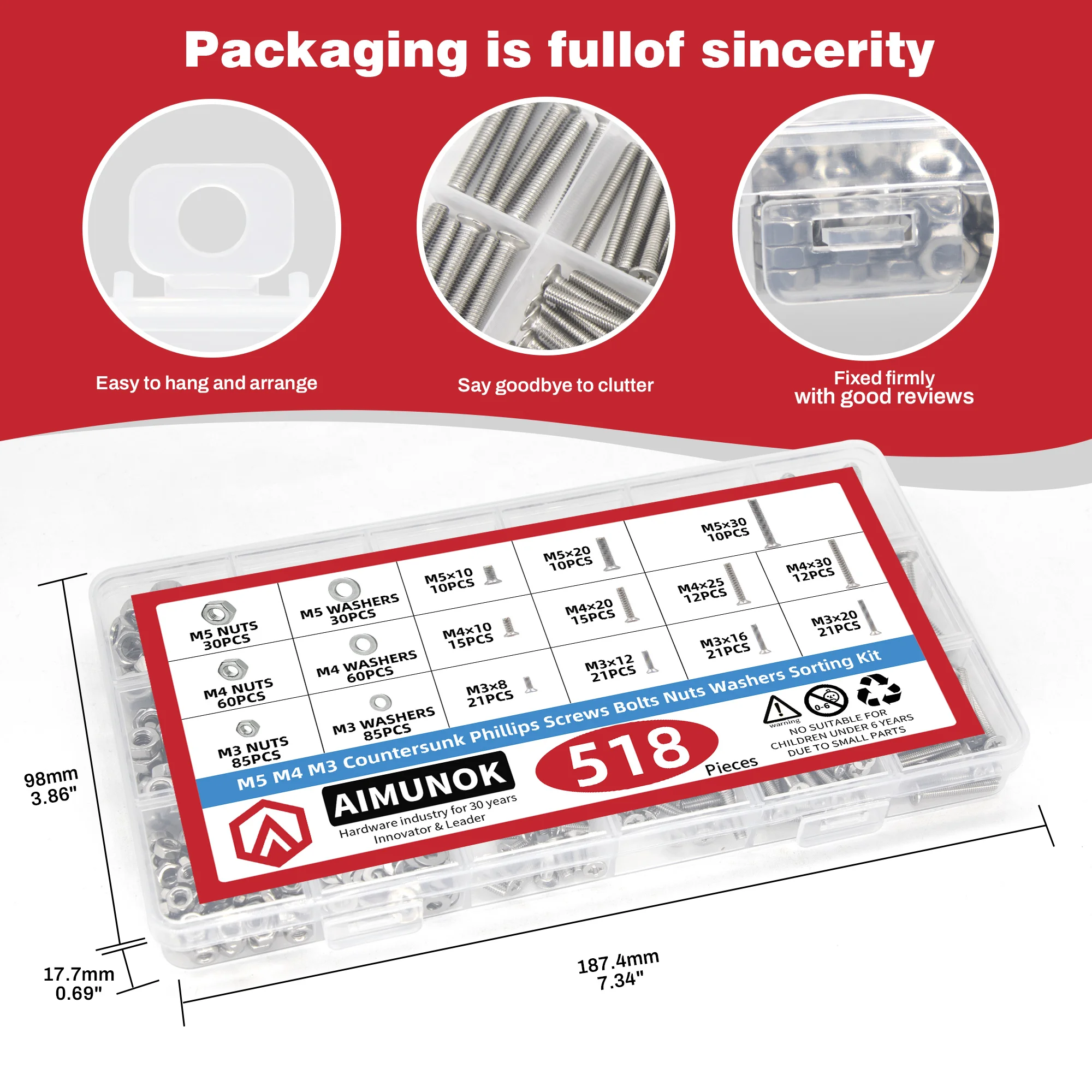 518 buah sekrup kepala countersunk dengan sekrup hidung Set M3 M4 M5 sekrup & mur 304 sekrup kepala countersunk silang baja tahan karat