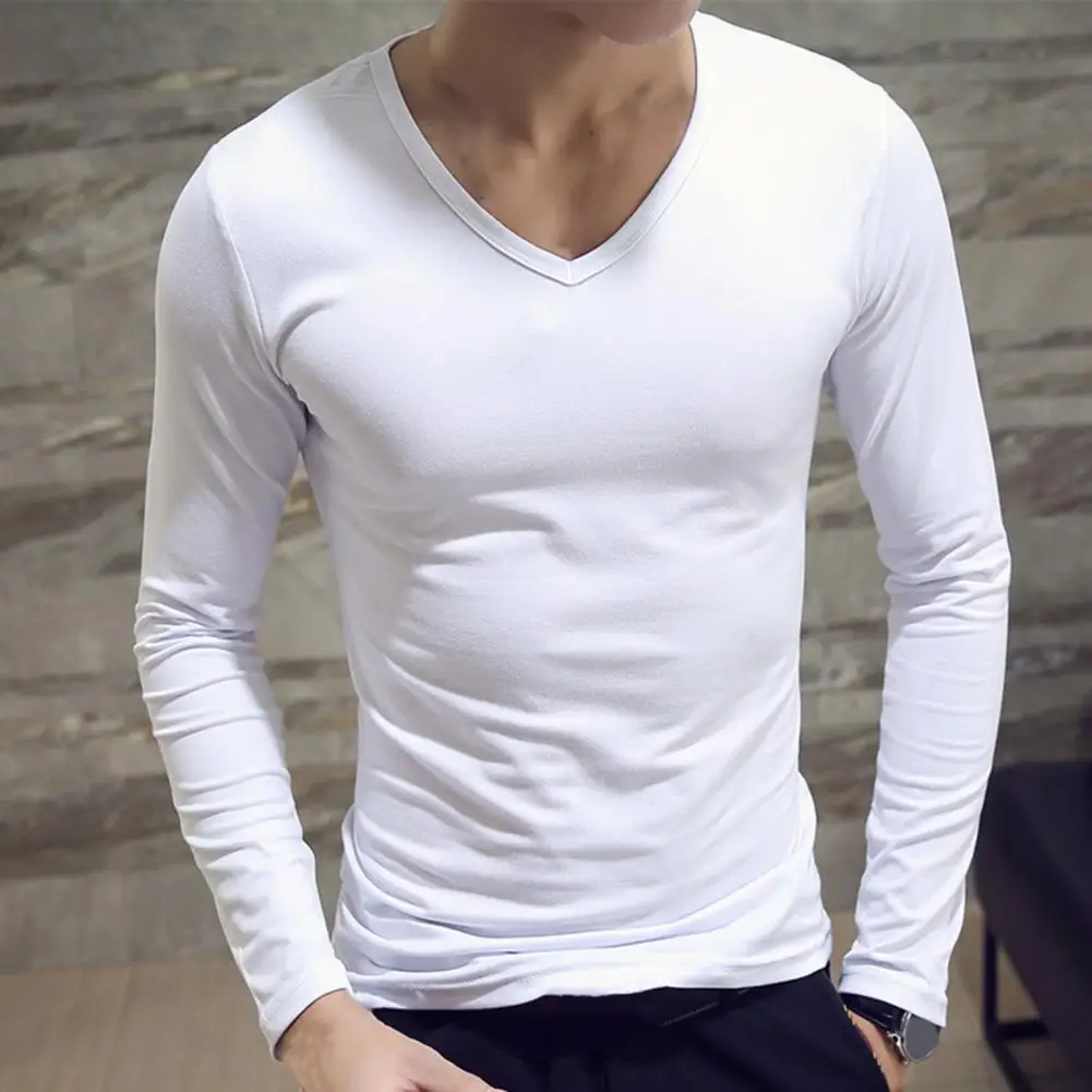 Sports Gym Long Sleeve Slim Fit T-shirt Men\'s Solid Color Casual V-neck Underlay Shirt Round Neck T Shirt Fitness Sport T Shirt