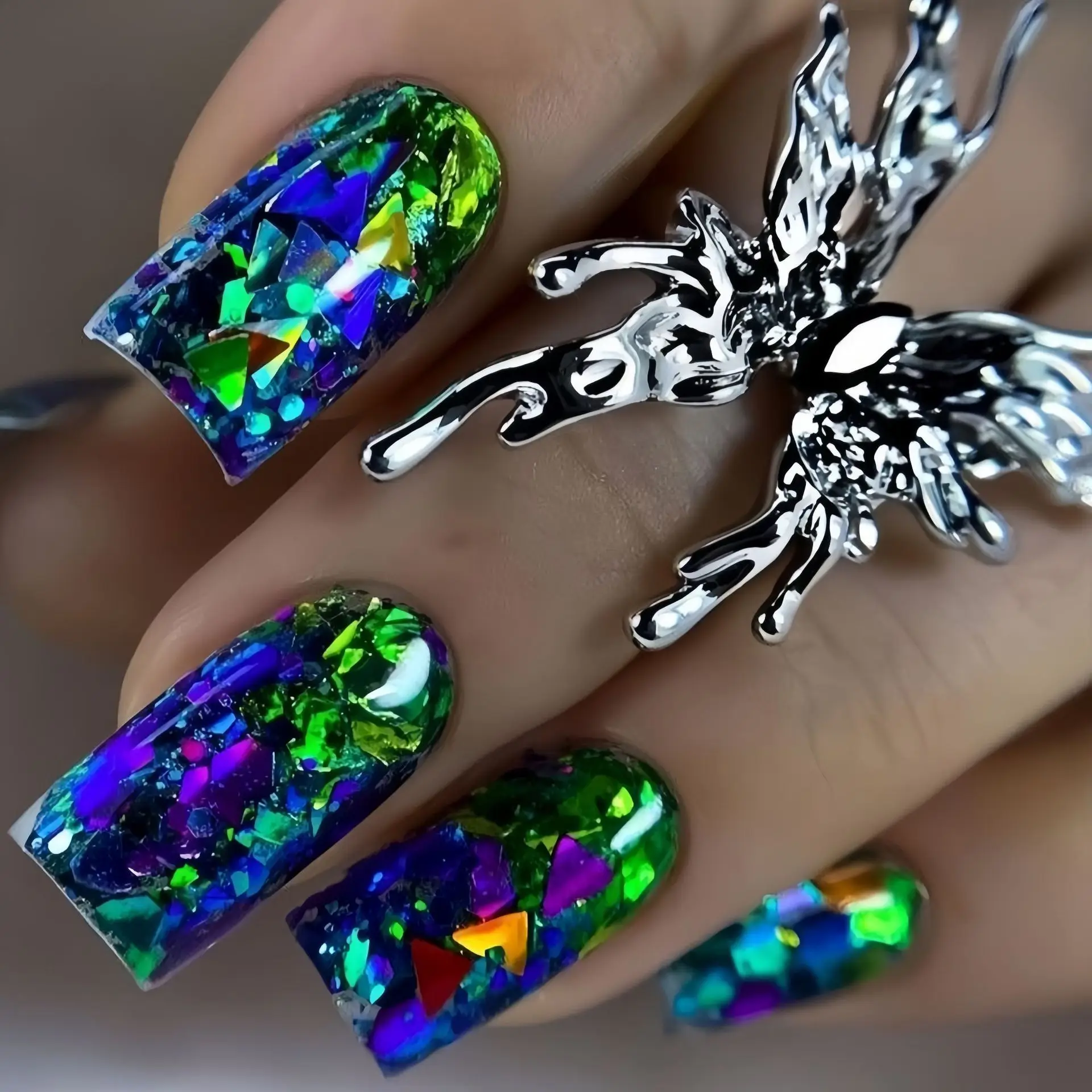 

24Pcs fake nail art, Rainbow Opal style wearable nail, blue-green shattered diamond feeling fake nail art, European and American fashion nail art, detachable wearable nail art, anniversary gift, perfect gift for women, birthday gift, holiday gift