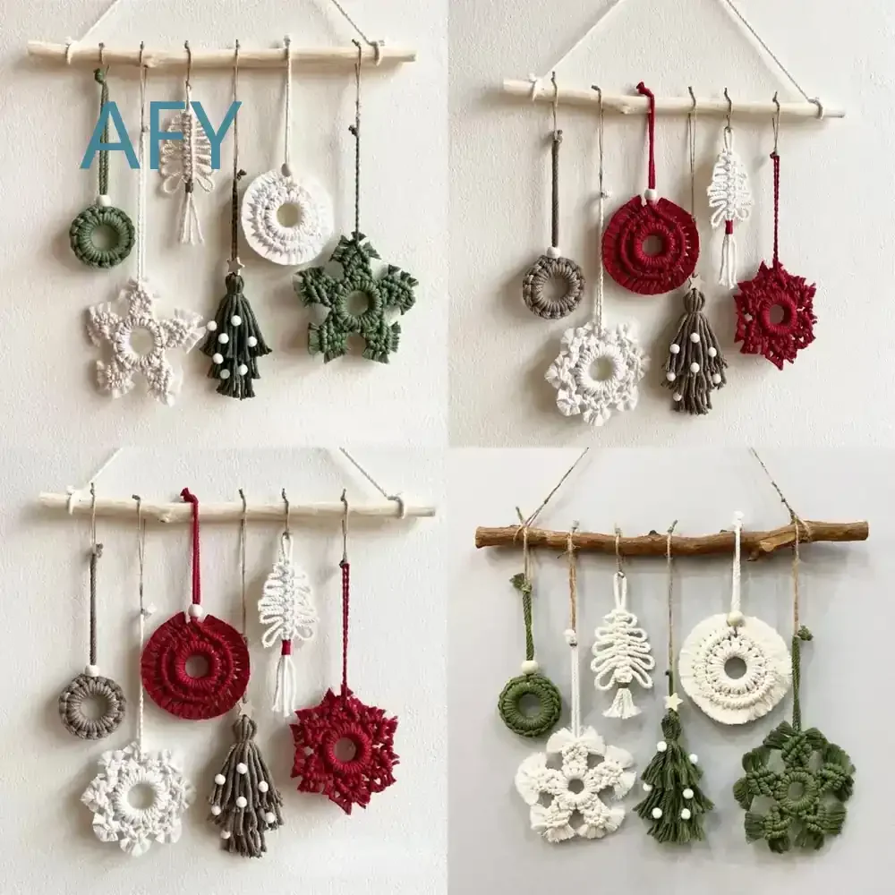 Macrame Christmas Ornaments Wall Hanging Set for Bohemian Home Decor Handmade Holiday Gift for Christmas Tree Party