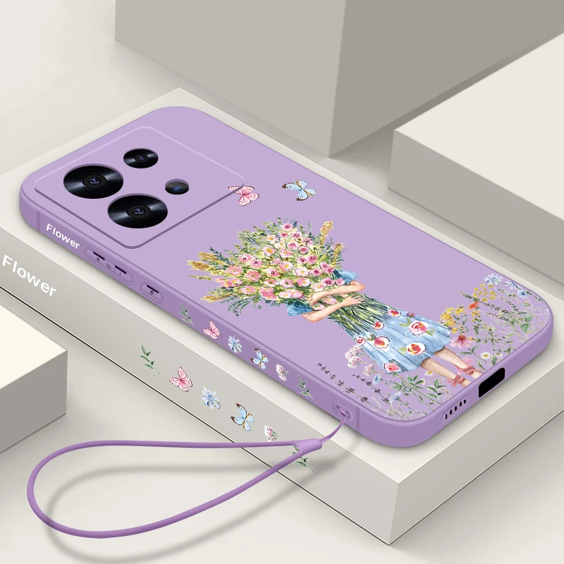 Luxury Girl Flower Lanyard Case For Xiaomi Redmi Note 13 12 11 10 Pro 4G 11s Poco F6 X6 X5 Mi 11 Lite 5G NE 11T 13 Pro Funda