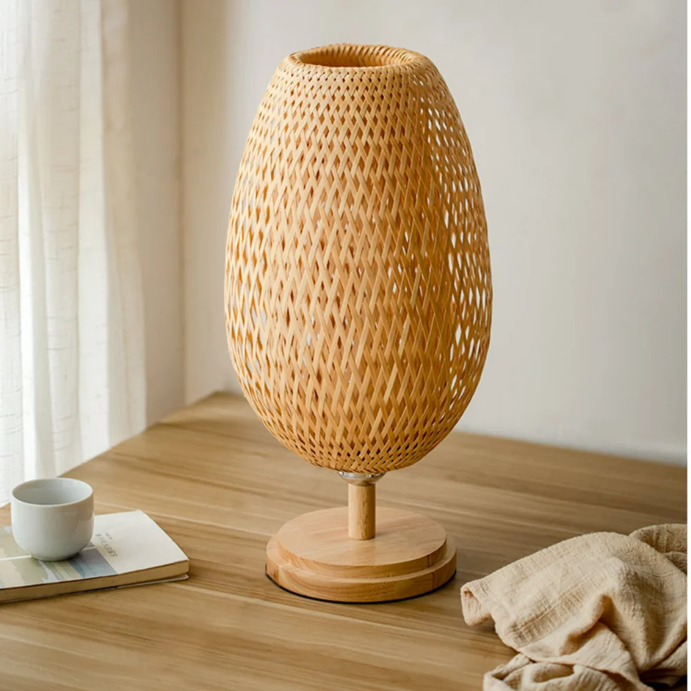 Small Rattan Table Lamp, Stepless Dimmable Beside Lamp, Vintage Wicker Wooden Nightstand Lamp, for Bedroom Living Room Desk