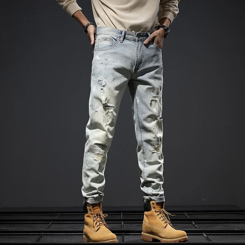 

JXNS1020 The new broken hole washed men's jeans scraping old light-coloured ink splash retro trousers stretch casual