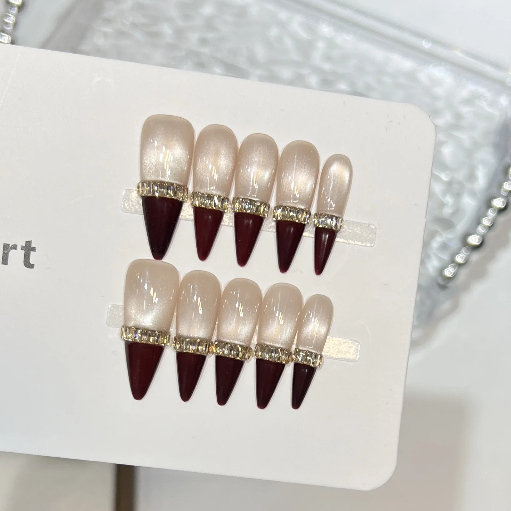 10Pcs Handmade Long Stiletto French Press On Nails Glass Bead Cat Eye Rectangle Rhinestone Decor Sweet Cool Wearable False Nails