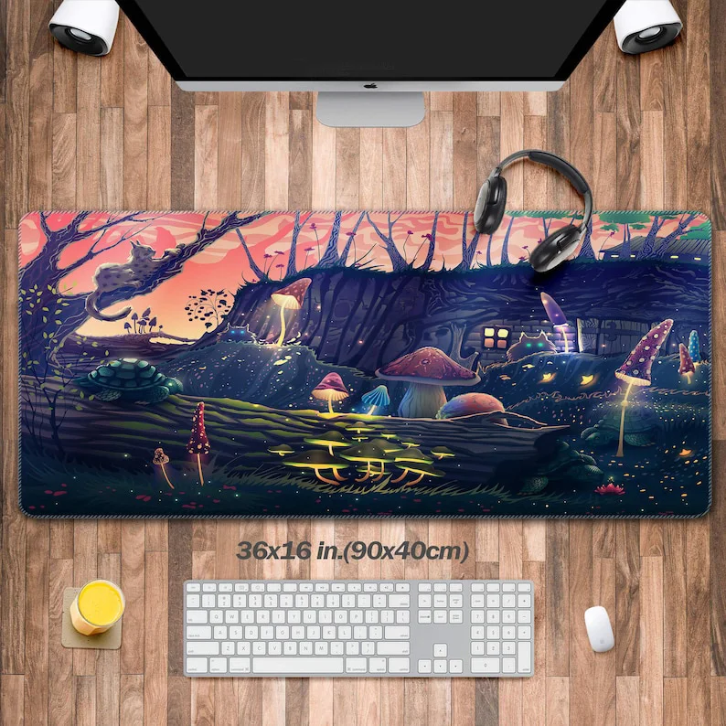 

XXL Cute Desk Pad with Night View of The Forest,neon Mushroom Keyboard Mat,fantastic Deskmat,cute Desk Décor,gift for Gamer