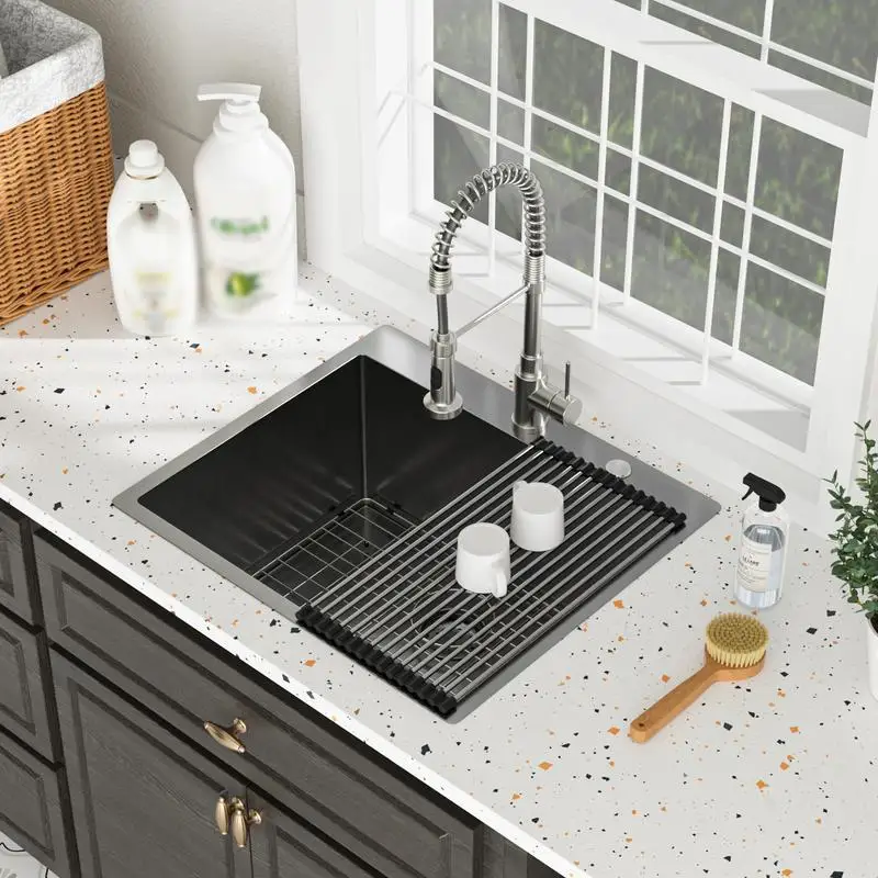 

25" x 22" x 12" Laundry Sink - 16 Gauge Stainless Steel Drop-In Topmount Utility Sink - Gunmetal Black - 12" Deep Single Bowl