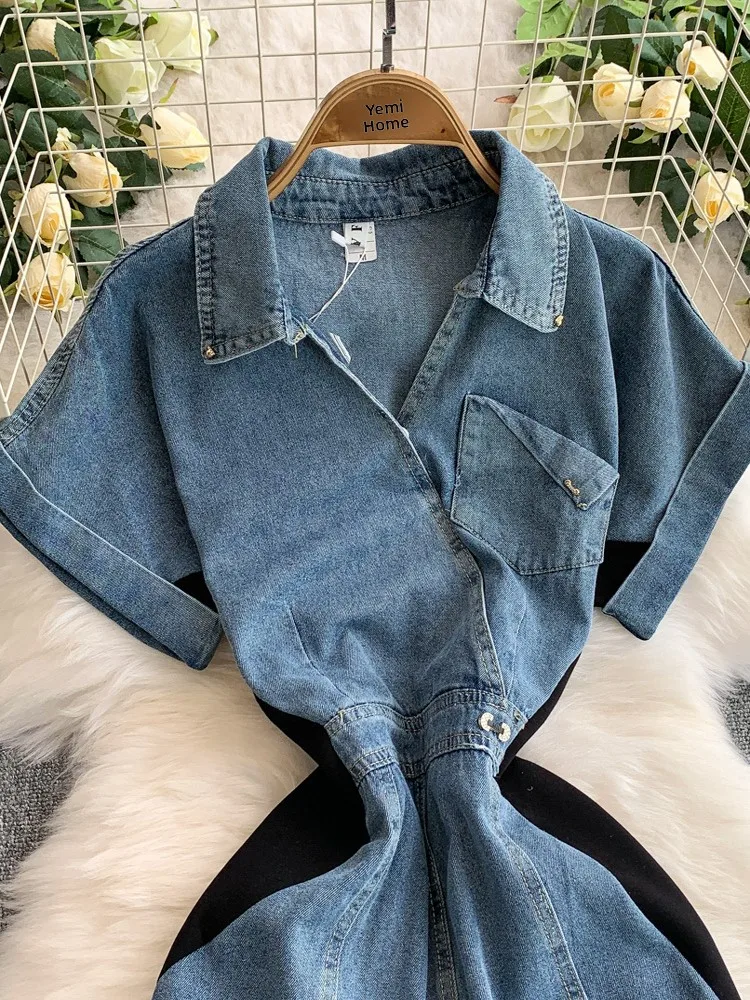 레트로 홍콩 스타일 데님 칼라 반팔 여성 드레스 하이웨이스트 레이스 스플라이스 슬림핏 피쉬테일 스커트 한국 버전