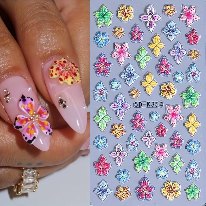 Embossed Floral Nail Art Stickers - Self-Adhesive Colorful Lily Flower Decals, Spring Summer Fantasy Theme DIY Nail Decorations