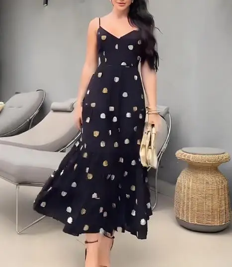 

2025 Summer New Women's Fashion Casual Solid Color Printed Sleeveless V-neck Bareback Strap Dress