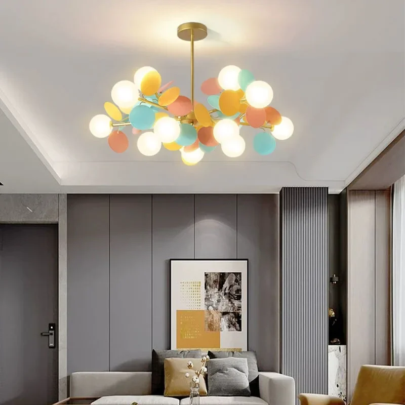 Nordic Living Room Chandelier Led Glass Ball Colorful Children Room Nursery Bedroom Modern Pendant Light Petals Lighting Decor