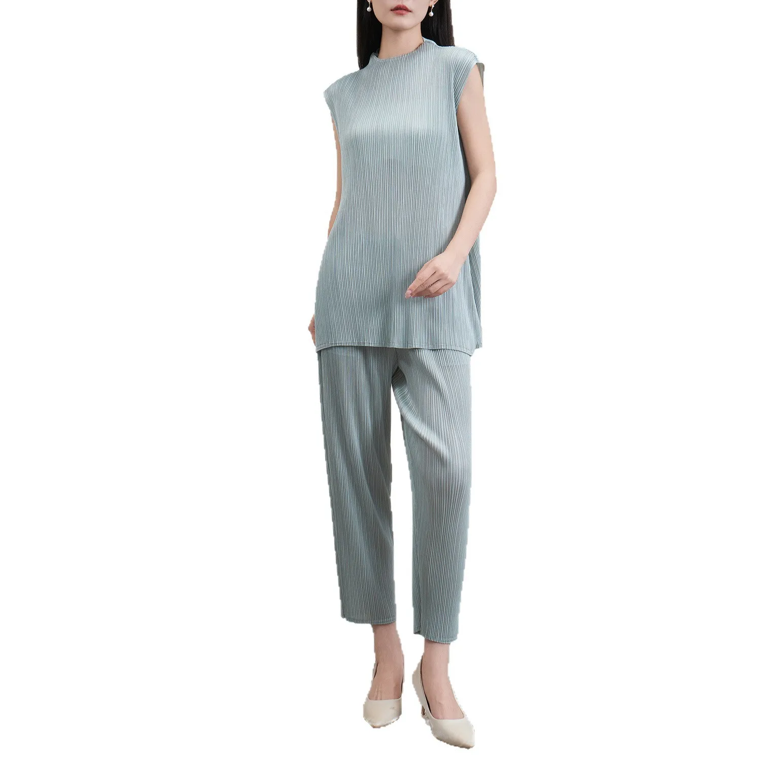 Miyake Pleats 2025 Japanese Fashion Two-Piece Set Solid Color Sleeveless Tank Top and Pencil Pants Top and Bottom Set for Women