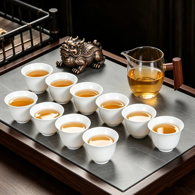 10pcs/pack Dehua High White Porcelain Pure White Ceramic Tea Cup Handmade Kungfu Tea Set Household Simple Pu\'er Tea Cup Set