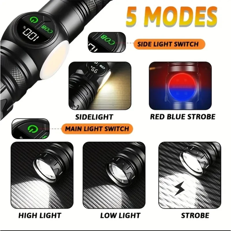 Linterna LED 5 modos de iluminación Luz lateral roja COB con imán Antorcha recargable por USB Batería incorporada para senderismo