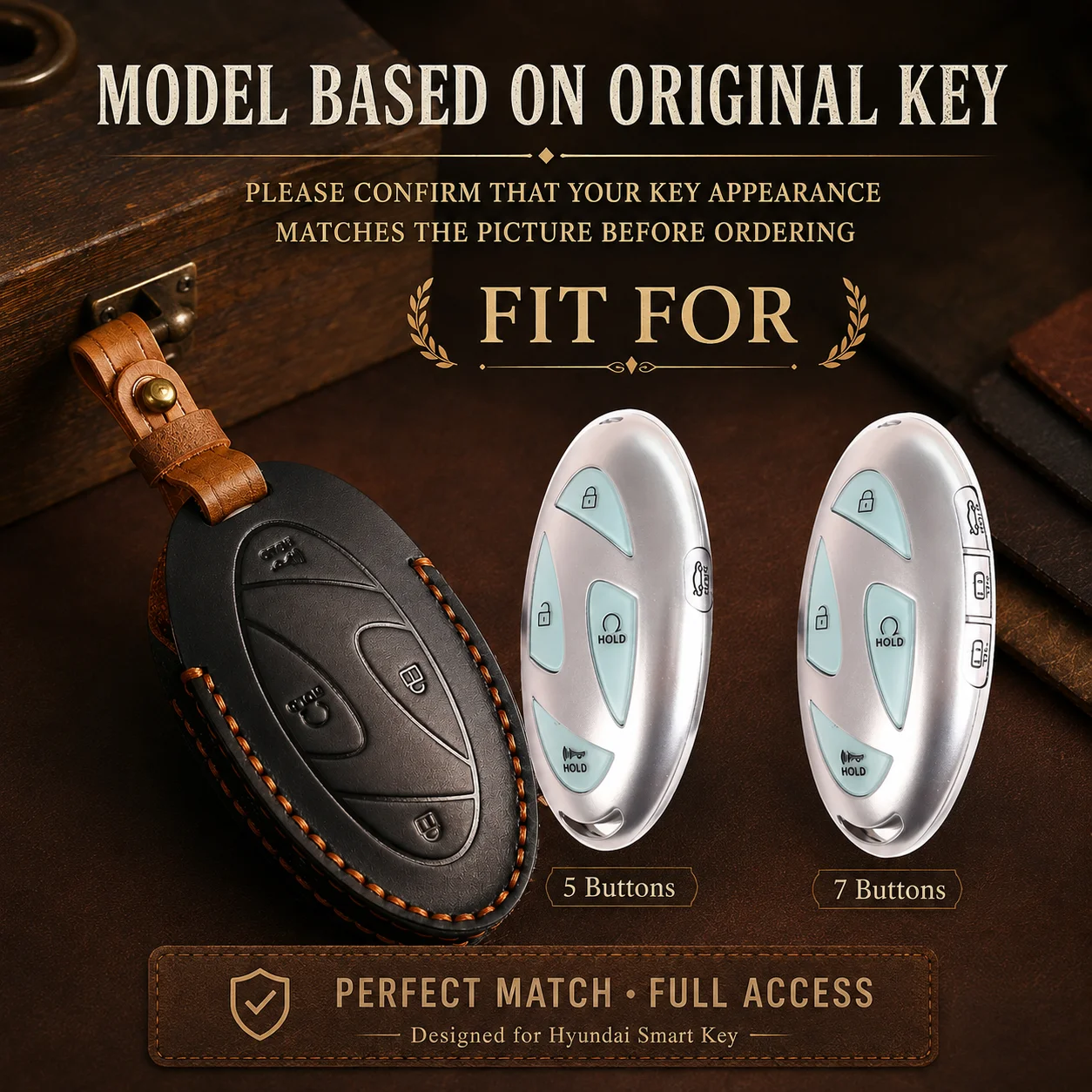 Genuine Leather Key Cover for Hyundai Smart Key 5/7 Buttons Handmade Car Key Fob Case Vintage Protective Holder with Metal Ring