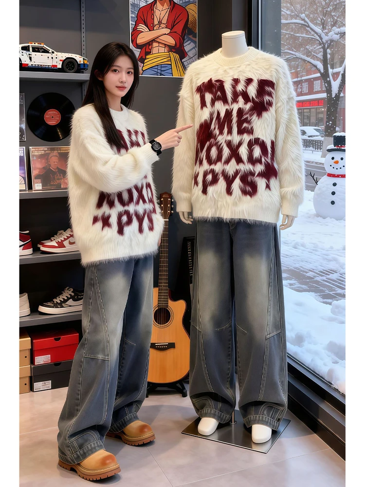 

Белый американский модный брендовый мужской утепленный зимний вязаный свитер с круглым вырезом, парный, базовый, повседневный, свободного кроя