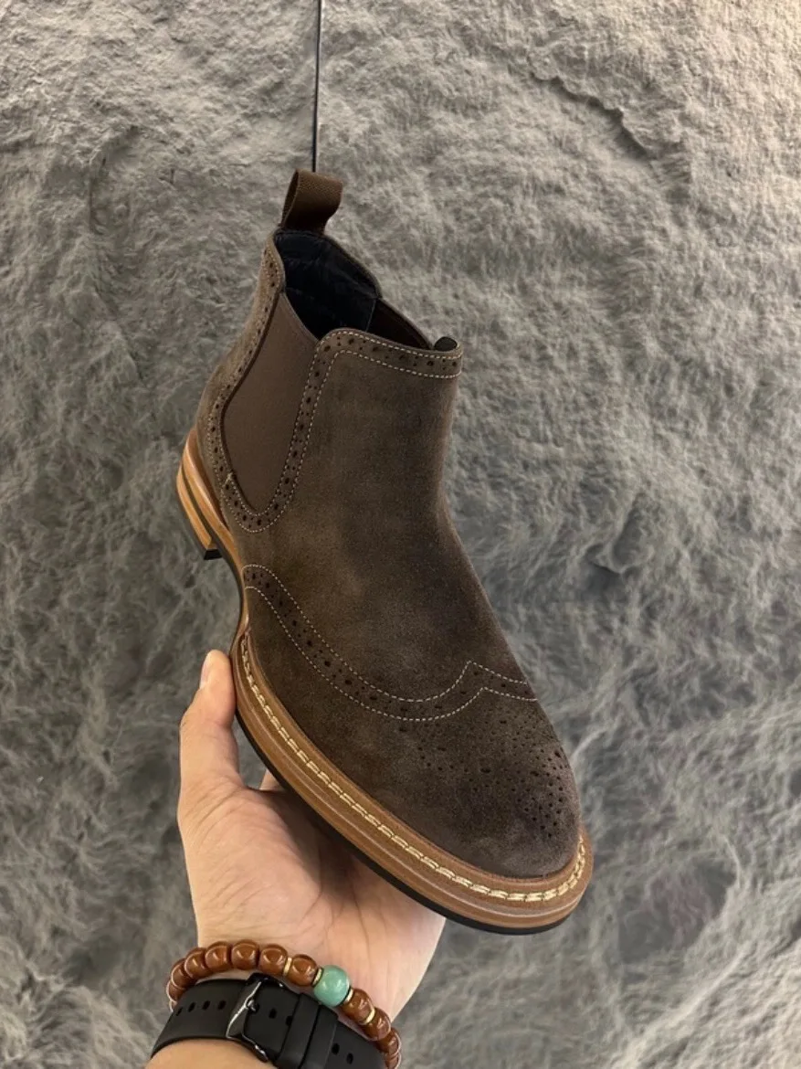 

Зимние мужские ботинки челси из бархатной кожи с обратным верхом Thi Bot Cotton oes, винтажные ботинки с резным цветочным принтом