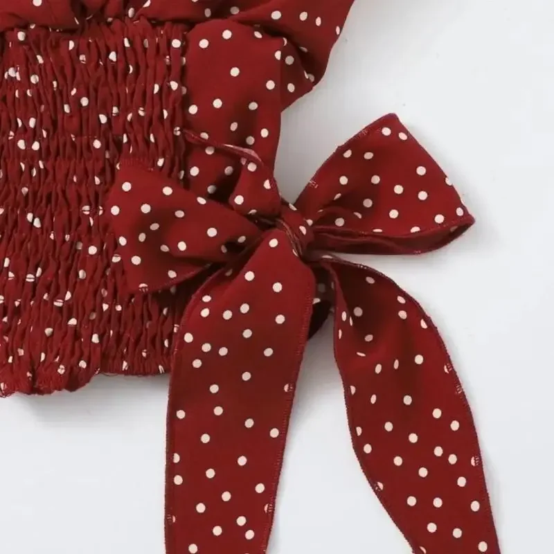 Polka Dot Printing Chiffon Lace Up V-Neck Sexy Chic Flying Sleeve Women's Blouse Shirt Korean Fashion Female Clothing Tops 2025