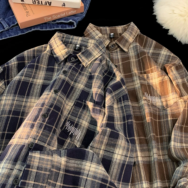 

Loose Long Sleeve Plaid Shirt Men's Casual Style Retro Japanese Teenage Trend Spring Season No Iron Treatment Streetwear