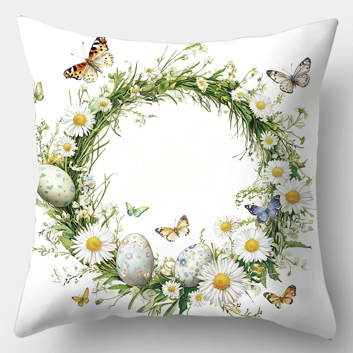 Funda de almohada decorativa de Pascua feliz, decoración festiva para el hogar, flor, mariposa, conejo, huevo, estampado, funda de cojín para sofá y sala de estar