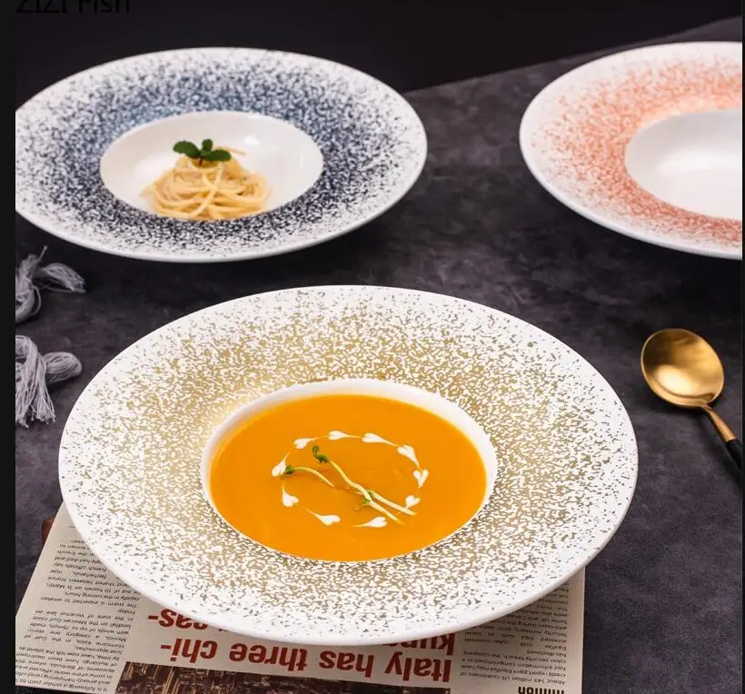 

Западная еда, соломенная шляпа, тарелка, керамическая бытовая посуда для салата, макарон, сервировка, скандинавский ресторан, кухонный набор посуды, подарок