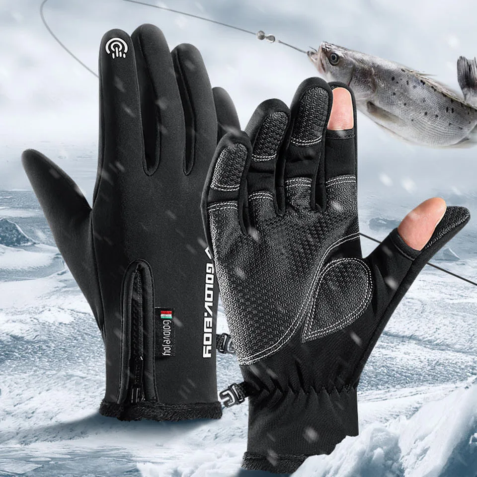 GTUBIKE Wasserdichte Winter-Angelhandschuhe, 2-Finger-Flip, winddicht, für Damen und Herren, Samt, warmer Schutz, Fisch-Angelhandschuhe