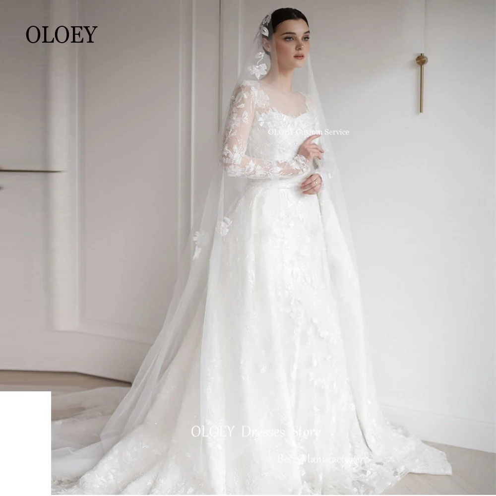 OLOEY Princess Lace Applique A Line abiti da sposa arabi musulmani maniche lunghe gioiello collo chiesa abiti da sposa velo elegante
