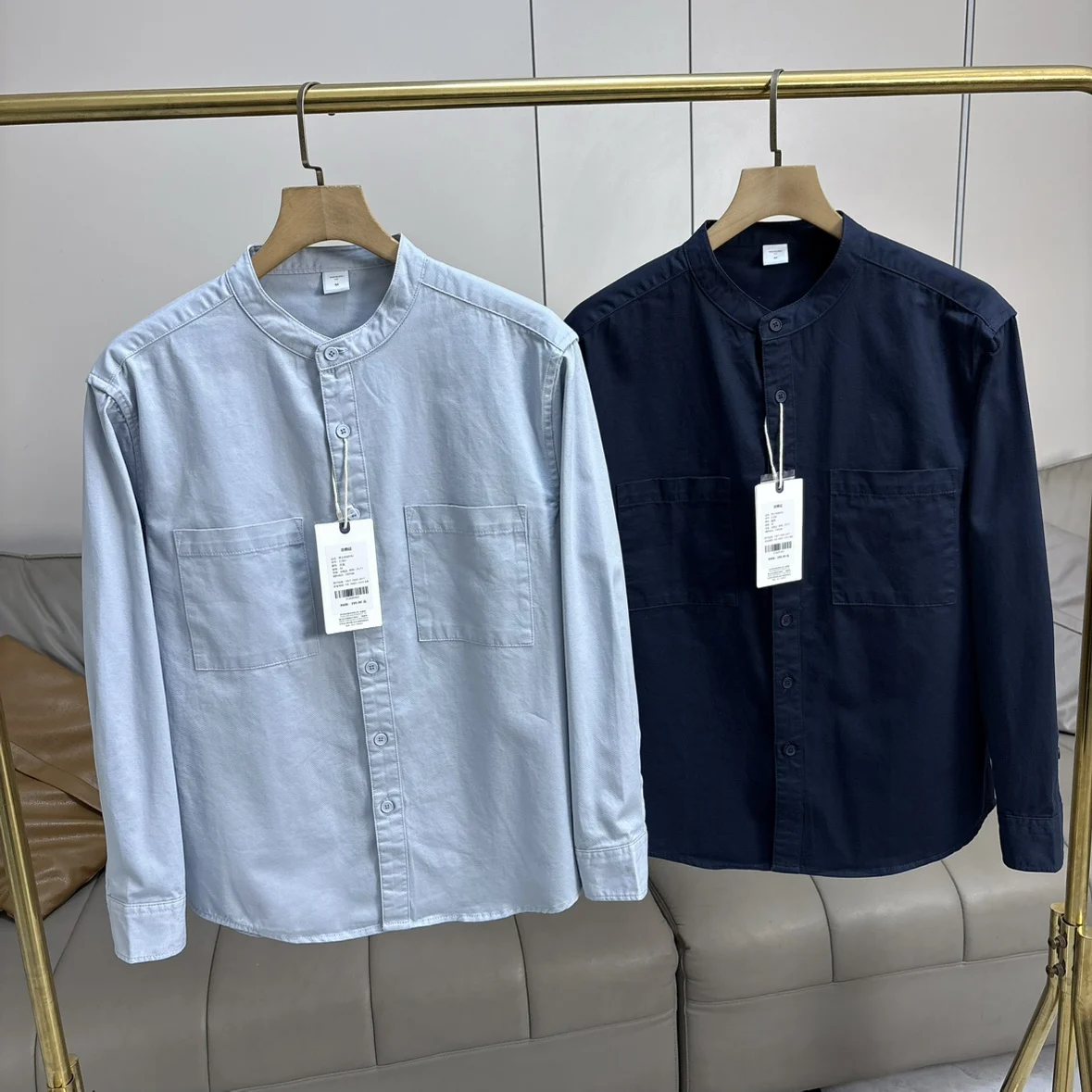 

Waed Cotton Long Sve irt Men's Casual Sle Stand Collar Double ket irt Spring Faion Urban Wear Comfortable Bre...
