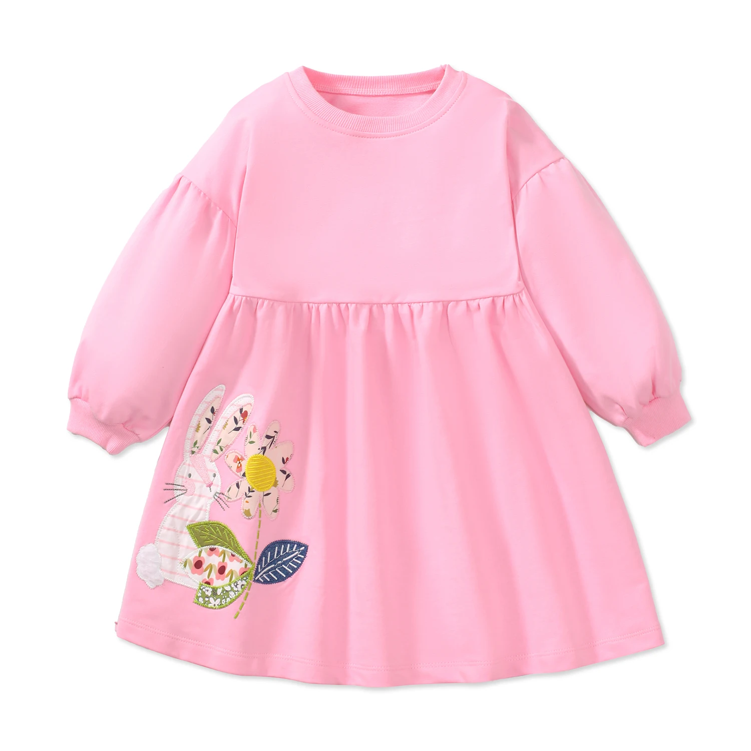 TUONXYE Girls Long Sleeve Pink Dress Cotton Casual Embroidered Flowers Cute Rabbit Soft Breathable Knitting Children's Dresses