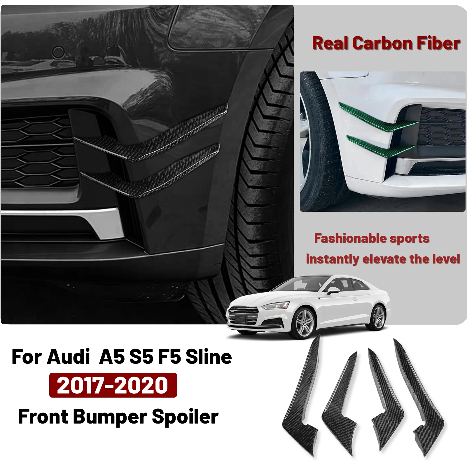 For Audi A5 S5 F5 Sline 2017-2020 Carbon Fiber Car Front Bumper Side Splitter Cover Canards Sticker Spoiler Cover Body Decorate